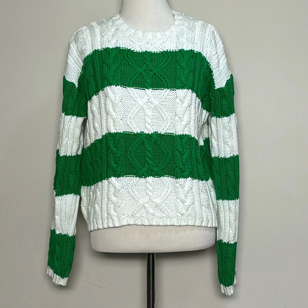 Chaus Sport Women’s Green & White Long Sleeve Cotton Knit Sweater Size Medium